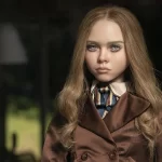 M3GAN movie tv shows poster, young doll starting out of window