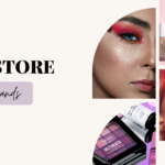 text 'best drugstore makeup brands' with four images. two images of models wearing makeup. two images of drugstore makeup brand products