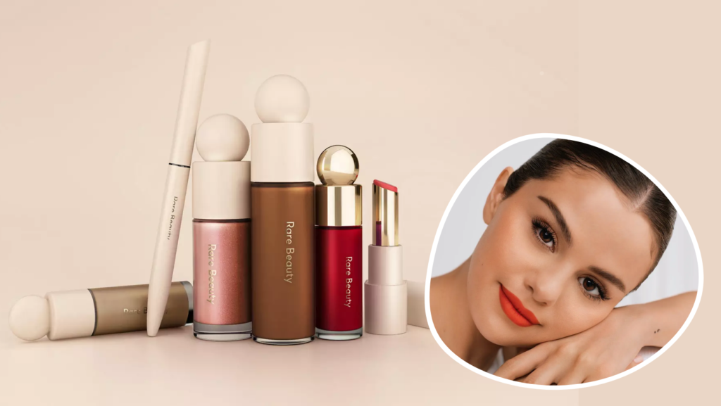 image of a selection of products from Selena Gomez's makeup range 'Rare Beauty', featuring a picture of Selena