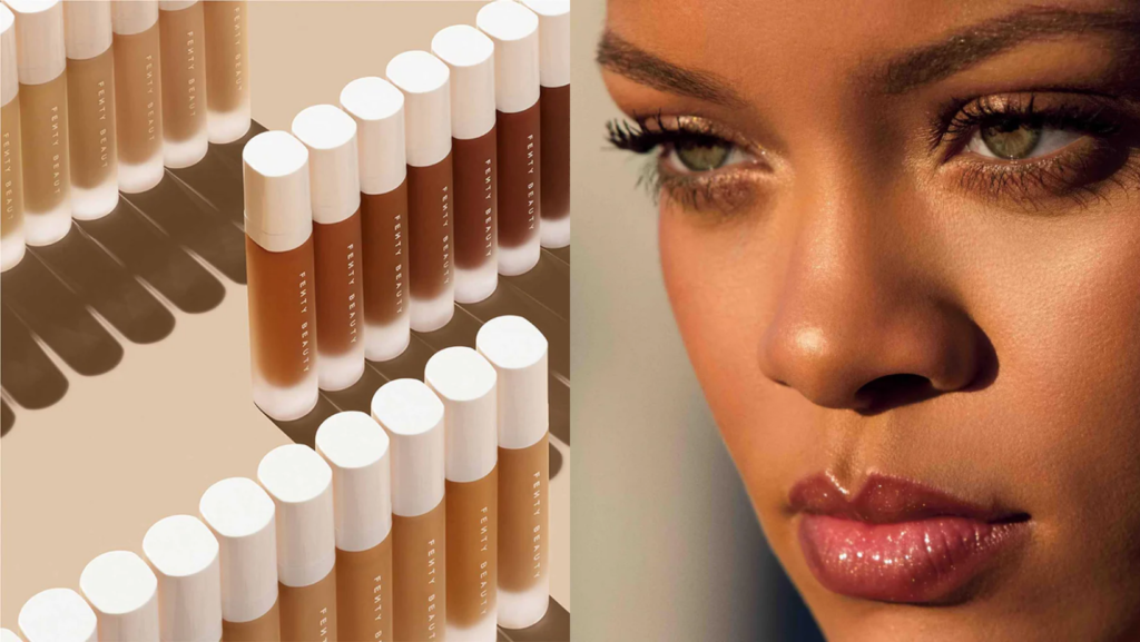 two images. first image shows a selection of foundation shades from Rihanna's makeup range 'Fenty'. second image is a picture of Rihanna wearing the makeup range.