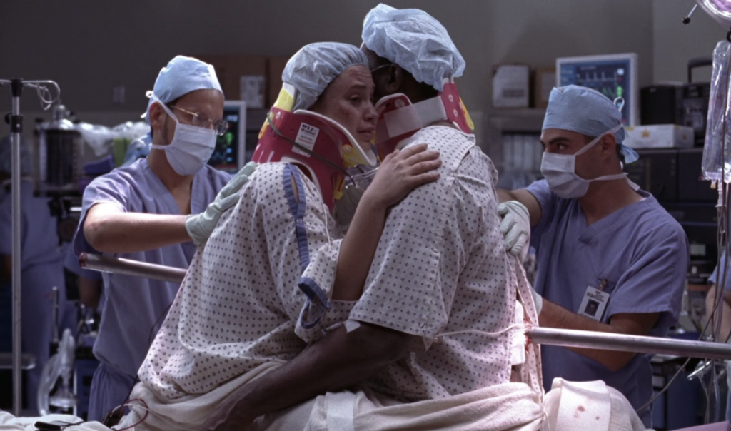 image of two patients stuck together with a train pole from Grey's Anatomy episode 'into you like a train'