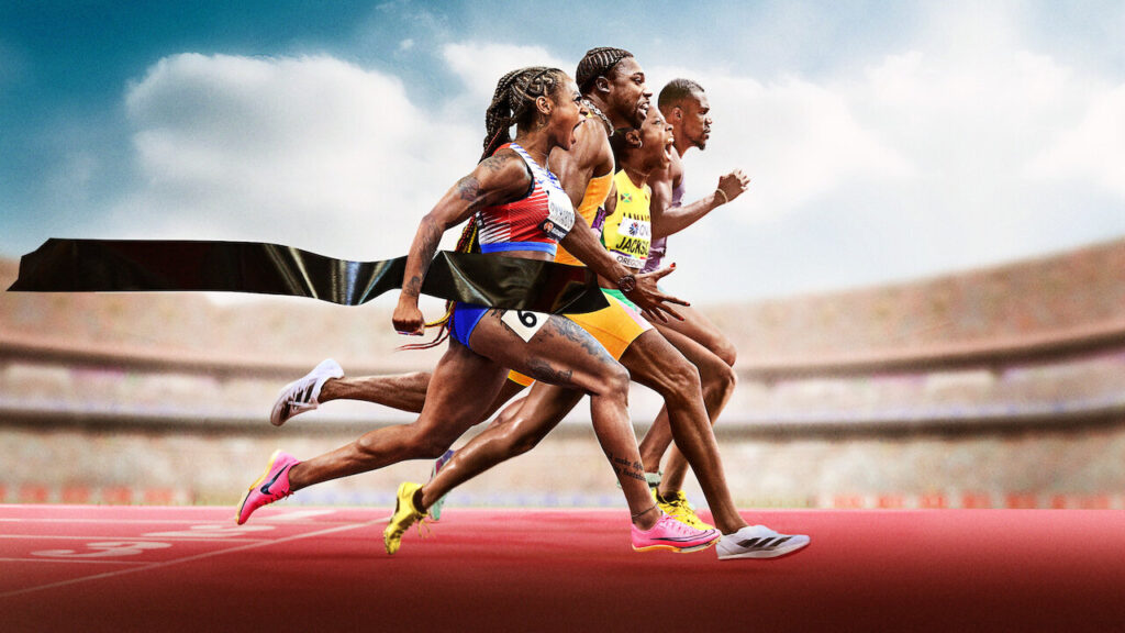 World's top sprinters, including  Elaine Thompson-Herah, sprinting down a track for Netflix promotional poster
